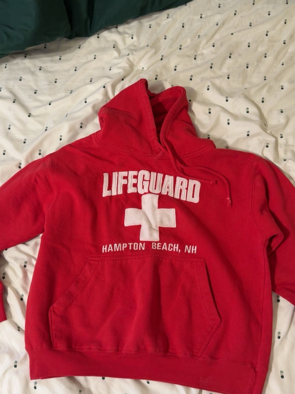 Red Lifeguard Hoodie with Hampton Beach Graphic